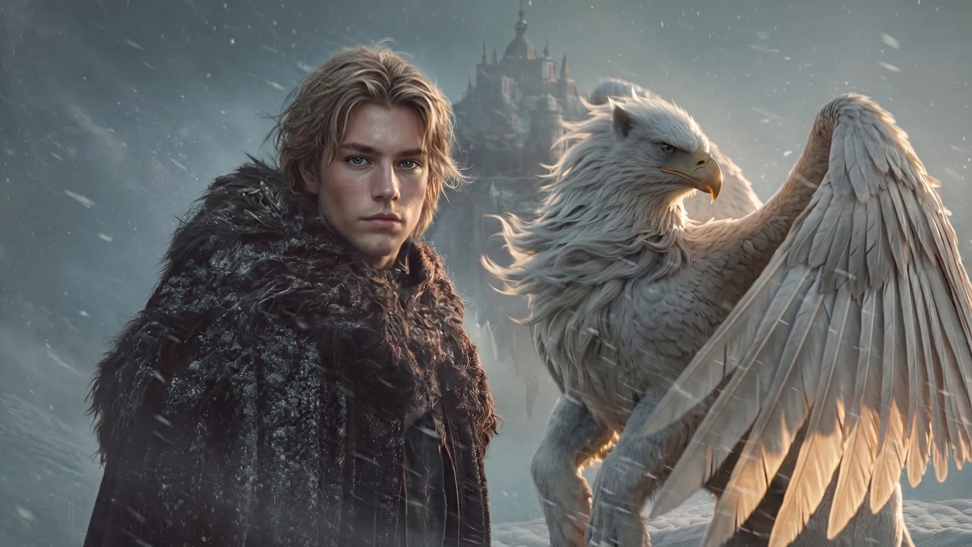 Alex und der weiße Greif Ozzy im Schneesturm, dahinter ein Schloss