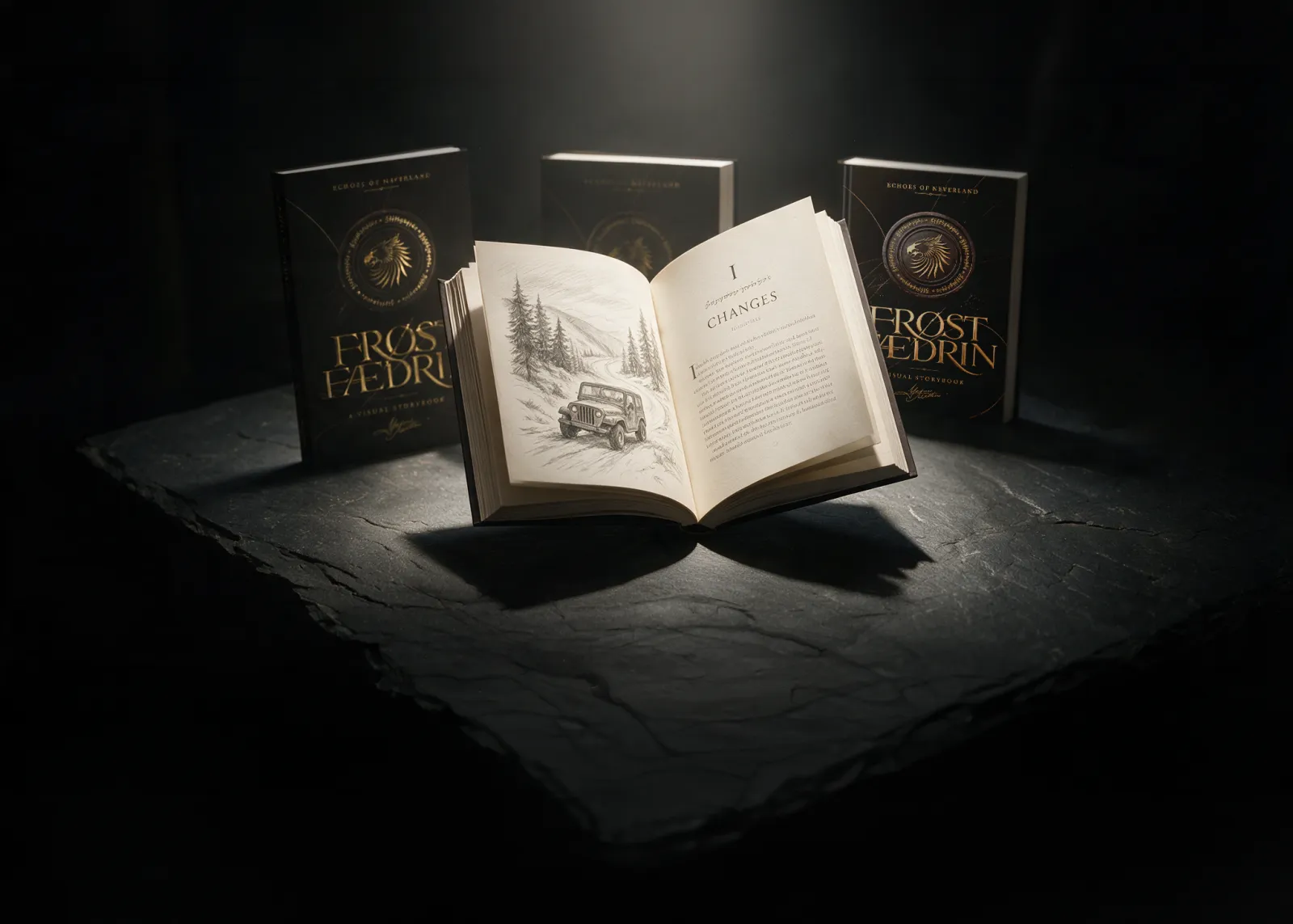 Das aufgeschlagene Visual Storybook über einer Schieferplatte, dahinter drei geschlossene Exemplare