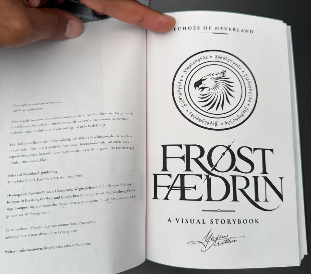 Die aufgeschlagene Leseprobe von Frøstfædrin mit Greifen-Emblem und Signatur.